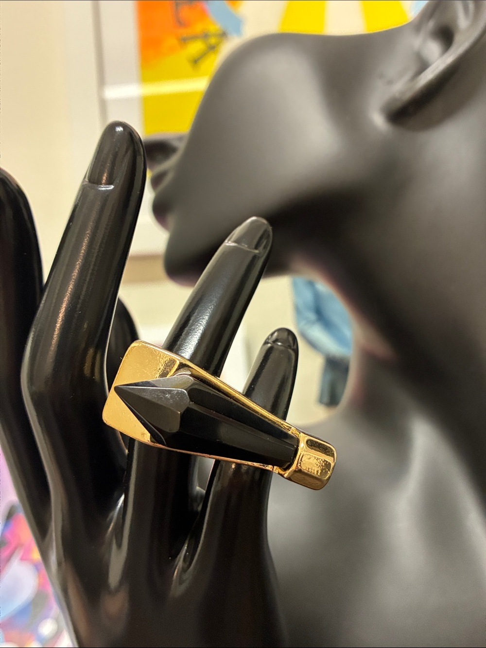 2010s Gold Tone Double Finger Ring with Black Crystal - Indie Sleeze Goth